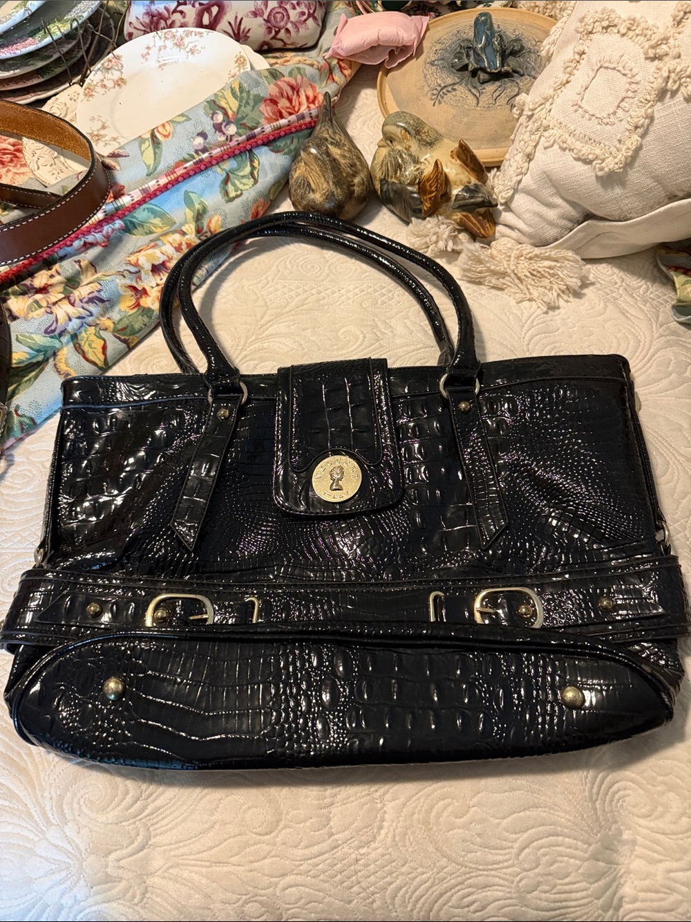 Vecceli Italy Black Croc-Embossed Patent Tote with Gold Hardware